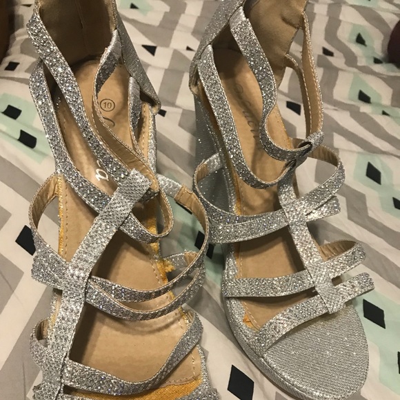 Shoes - Silver glittery cage wedges